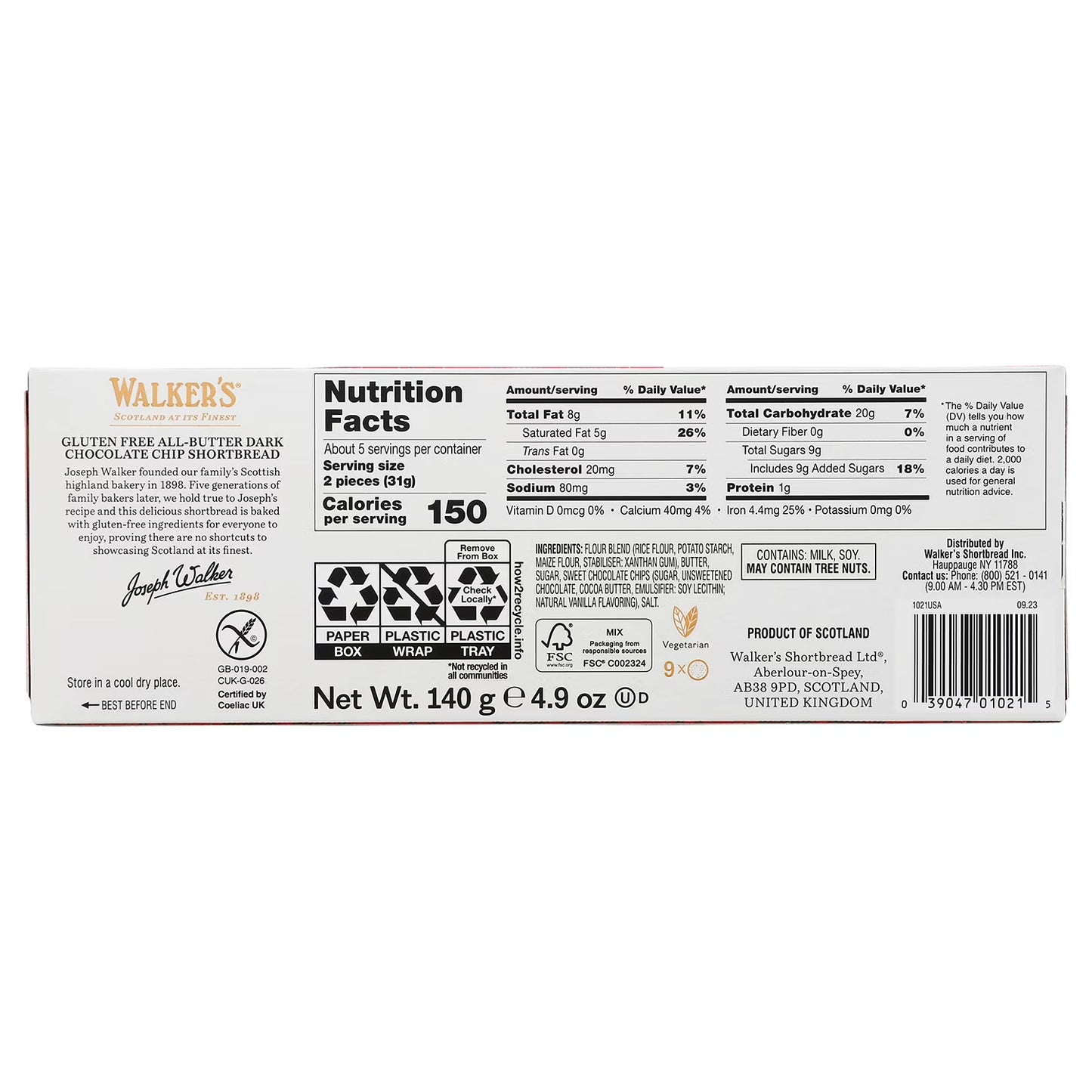 Walker’s Shortbread Gluten-Free Chocolate Chip Shortbread Cookies, Kosher, 9 Count (6 Pack)