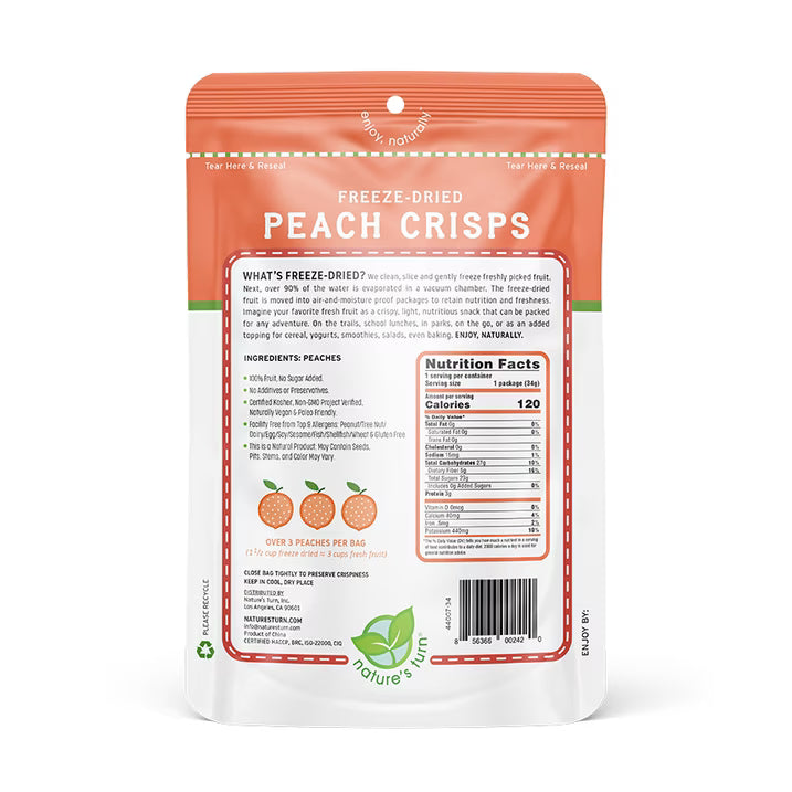 Nature's Turn Freeze-Dried Peach Crisps, No Added Sugar, Healthy Natural Fruit Crisp Snack for School Lunches, 6 Pack (1.2 oz Each)