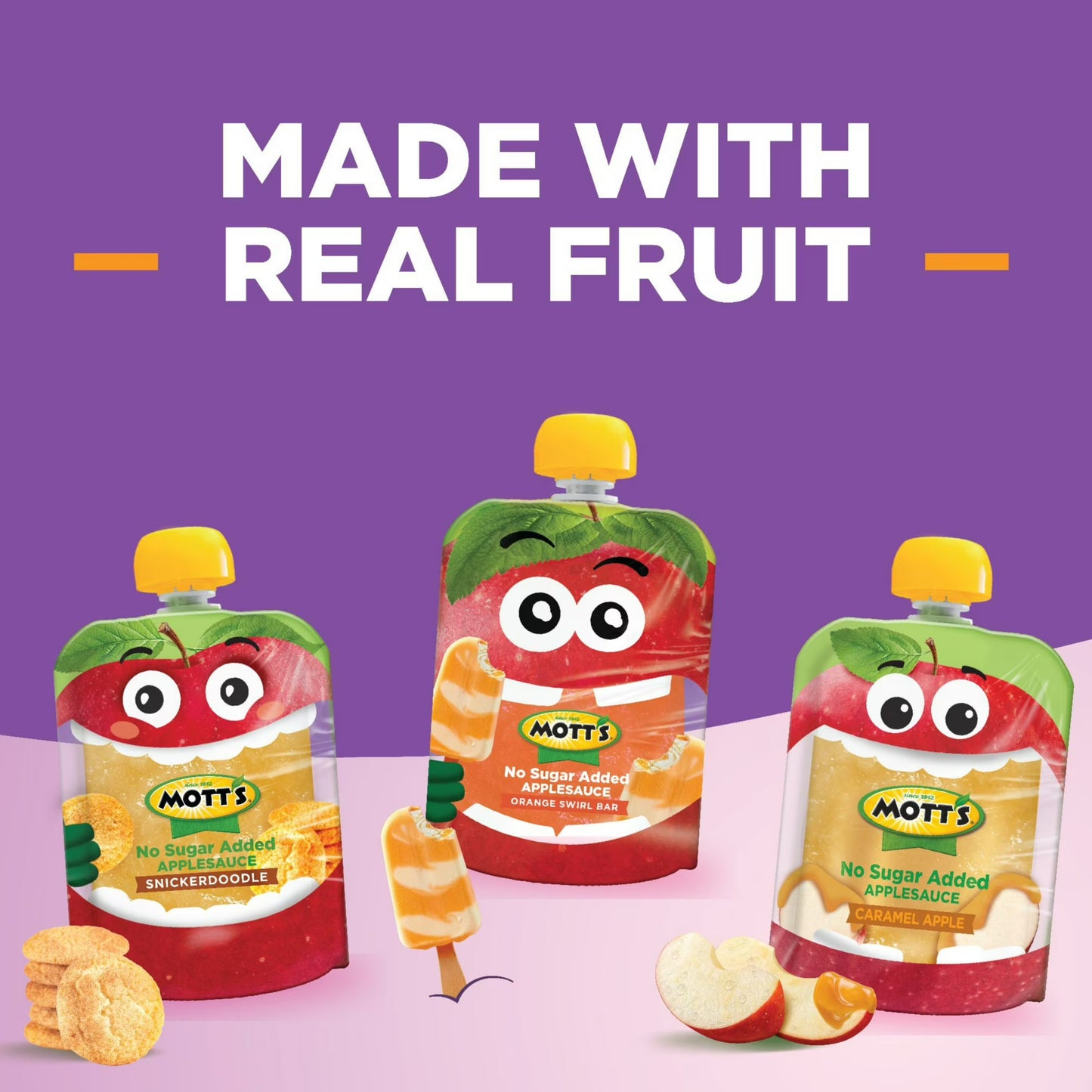 Mott’s No Sugar Added Dessert Dreamland Applesauce Variety Pack, 3.2 oz, 12 Count Clear Pouches
