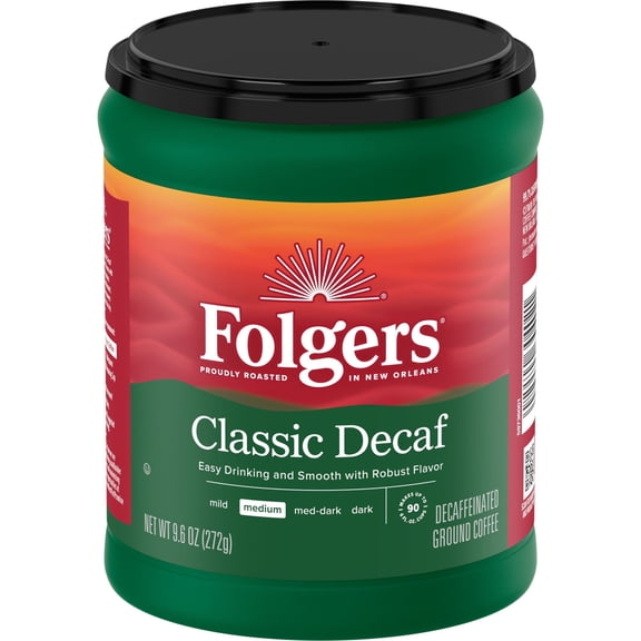 Folgers Decaf Coffee, Ground Coffee, Classic Medium Roast, 9.6 oz Canister