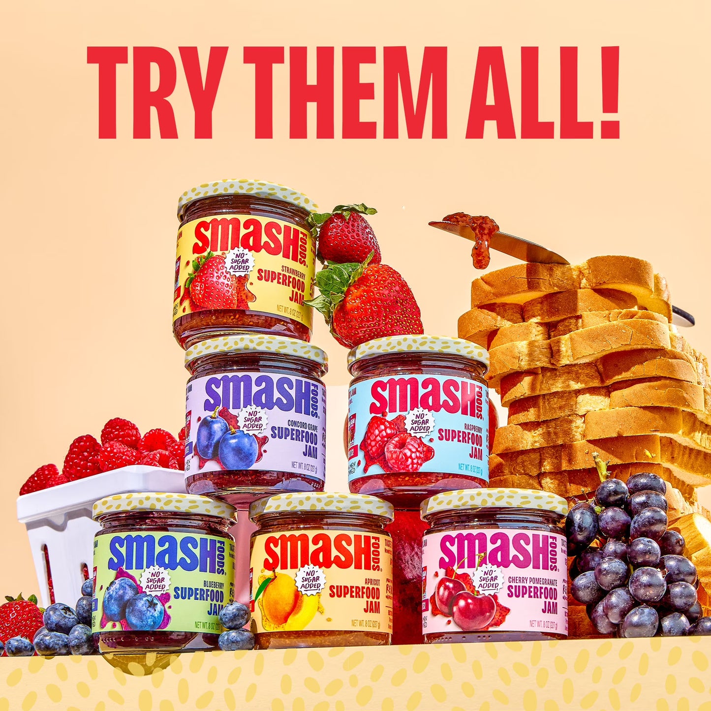 (3 pack) Smash Foods, Strawberry Jam, No Sugar Added, Low-Calorie, Vegan (1 Jar)