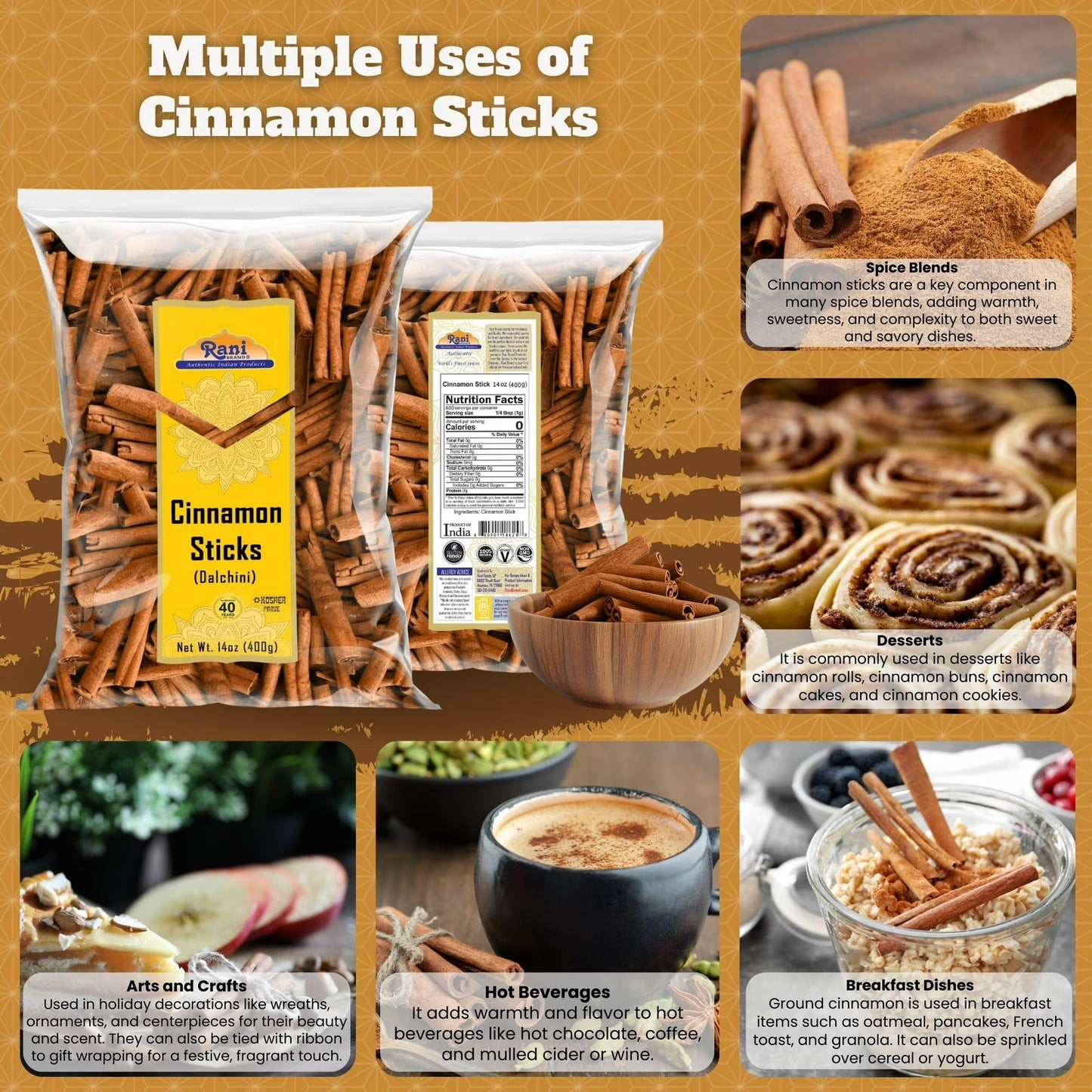 Rani Cinnamon Sticks 14oz (400g) - 72-88 Sticks - Strong Aroma, Perfect for Baking, Cooking & Beverages | 3+ Inches Length - Cassia Saigon Cinnamon from Vietnam | Kosher