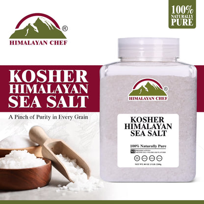 Himalayan Chef Kosher Sea Salt – Full Flavor, No Additives, unrefined and Less Sodium - Natural and Organic - 5 Pound Plastic Jar, Kosher & Non GMO Certified