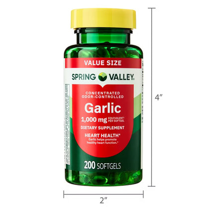 Spring Valley Odor-Controlled Garlic Dietary Supplement Softgels for Heart Health, 1000 mg, 200 Count