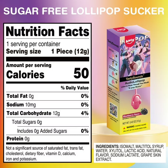 AMOS Tasty Sounds Music Lollipop Candy, Singing Music Lollipop Sugar Free, 2 Strawberry & Blueberry & Blackberry & Watermelon Natural Flavor (Pack of 5)