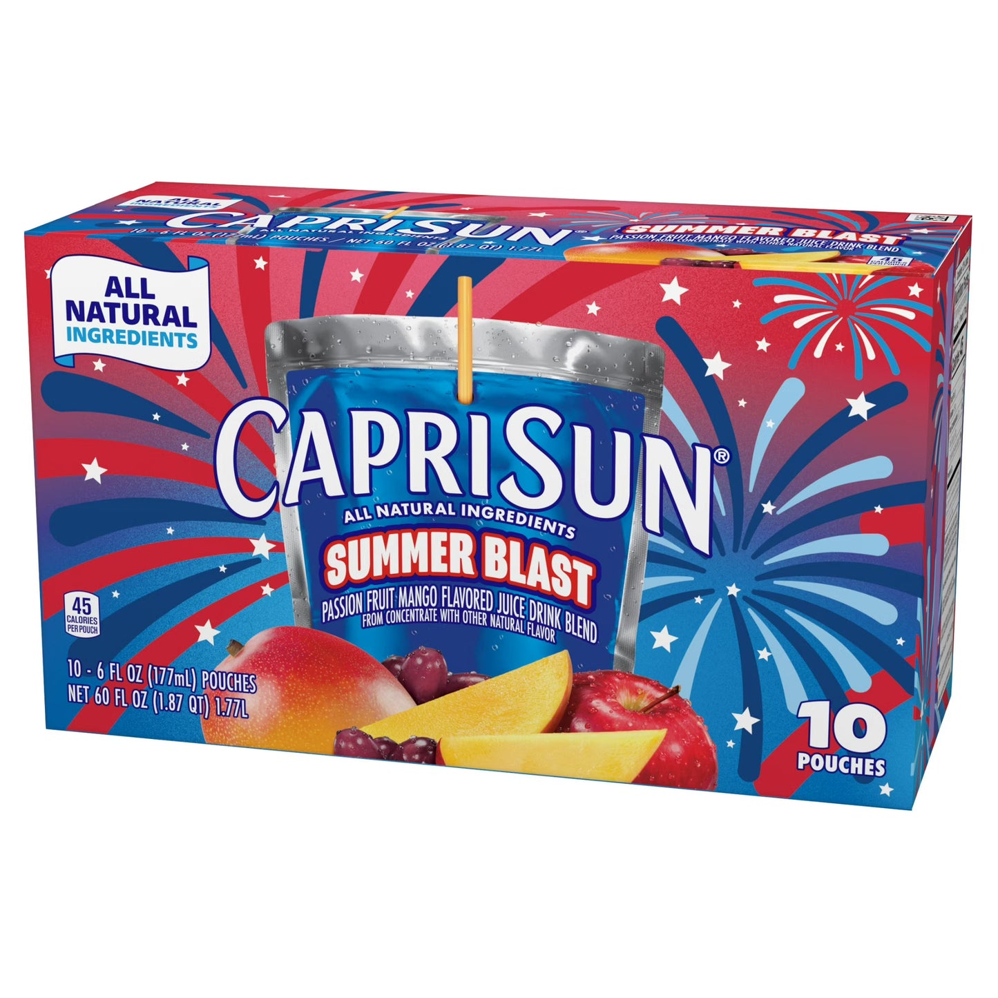 Capri Sun Summer Blast Passion Fruit Mango flavored Juice Drink Blend, from concentrate with other natural flavor, 10 Count Box, 6 fl oz Pouches