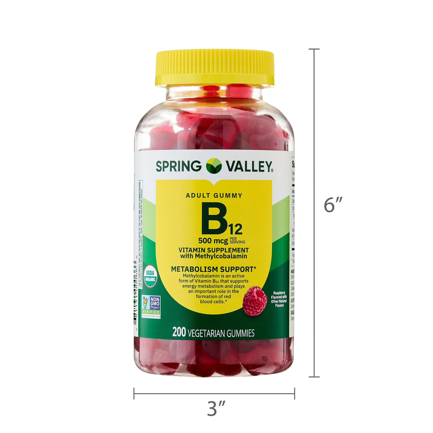 Spring Valley Vitamin B12 Supplement Vegetarian Gummies for Metabolism Support, Raspberry Flavor, 500 mcg, 200 Count