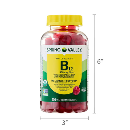 (3 pack) Spring Valley Vitamin B12 Supplement Vegetarian Gummies for Metabolism Support, Raspberry Flavor, 500 mcg, 200 Count
