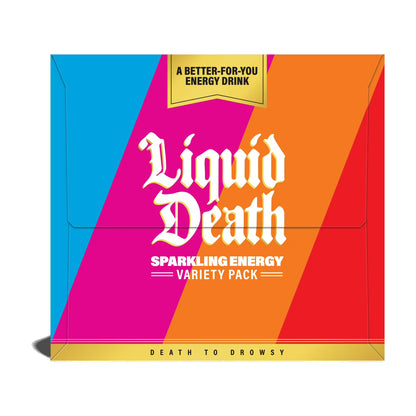 Liquid Death Sparkling Energy Variety Pack, Zero Sugar Energy Drink, Unextreme Caffeine 100mg, Essential Vitamins, 4 Flavors: Strawberry, Tropical, Orange, and Murder Mystery, 12 fl oz (Pack of 12)