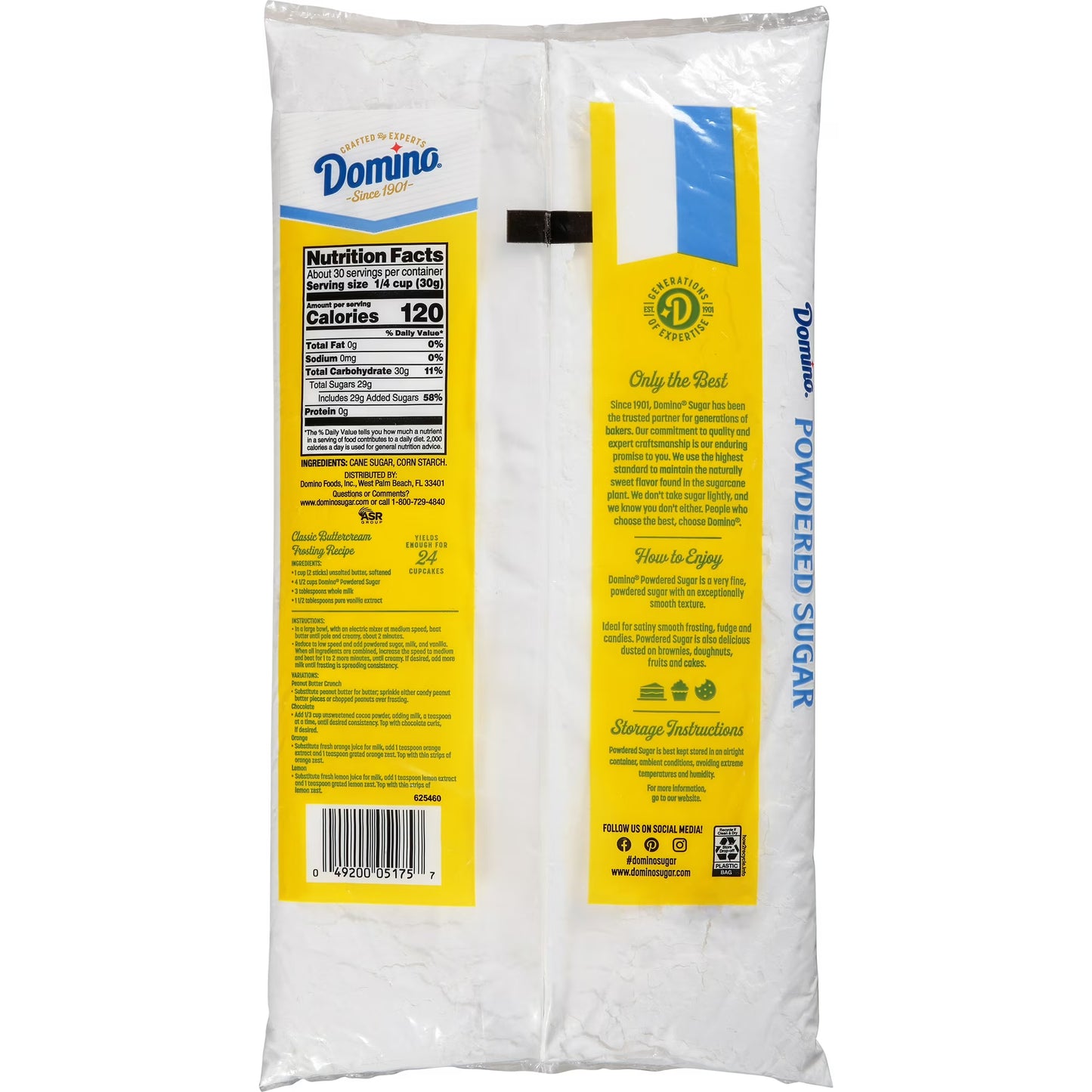 Domino Confectioners Sugar, Pure Cane 10-x Powdered, 2lb (907g), Plastic Bag