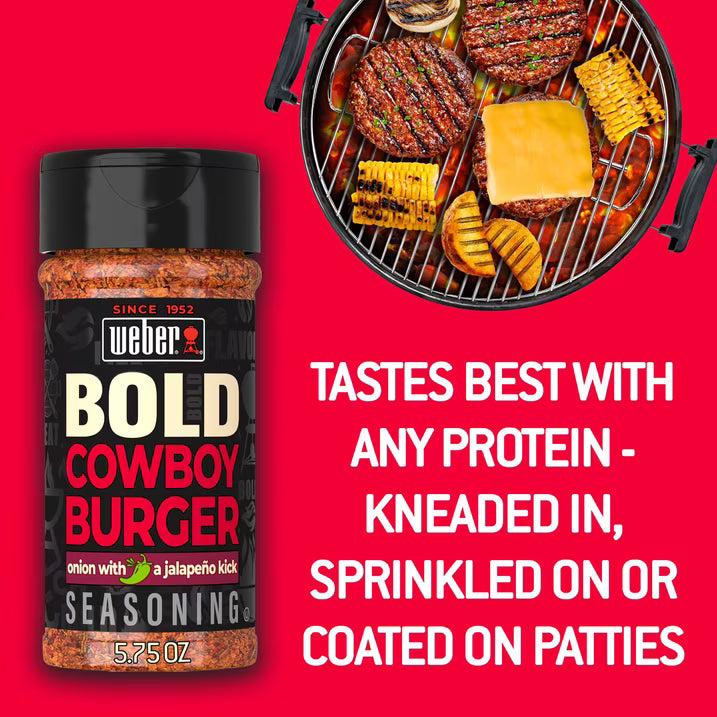 Weber BOLD Cowboy Burger, Onion and Jalapeno Burger Seasoning Blend, 5.75 oz Bottle