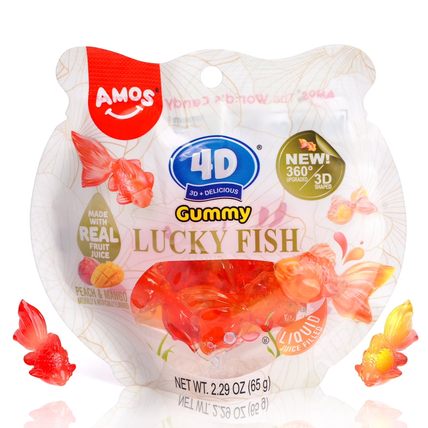 AMOS 4D Gummy Golden Fish Peach & Mango Candy, Made with Real Fruit Juice 2.29 oz (Pack of 4)