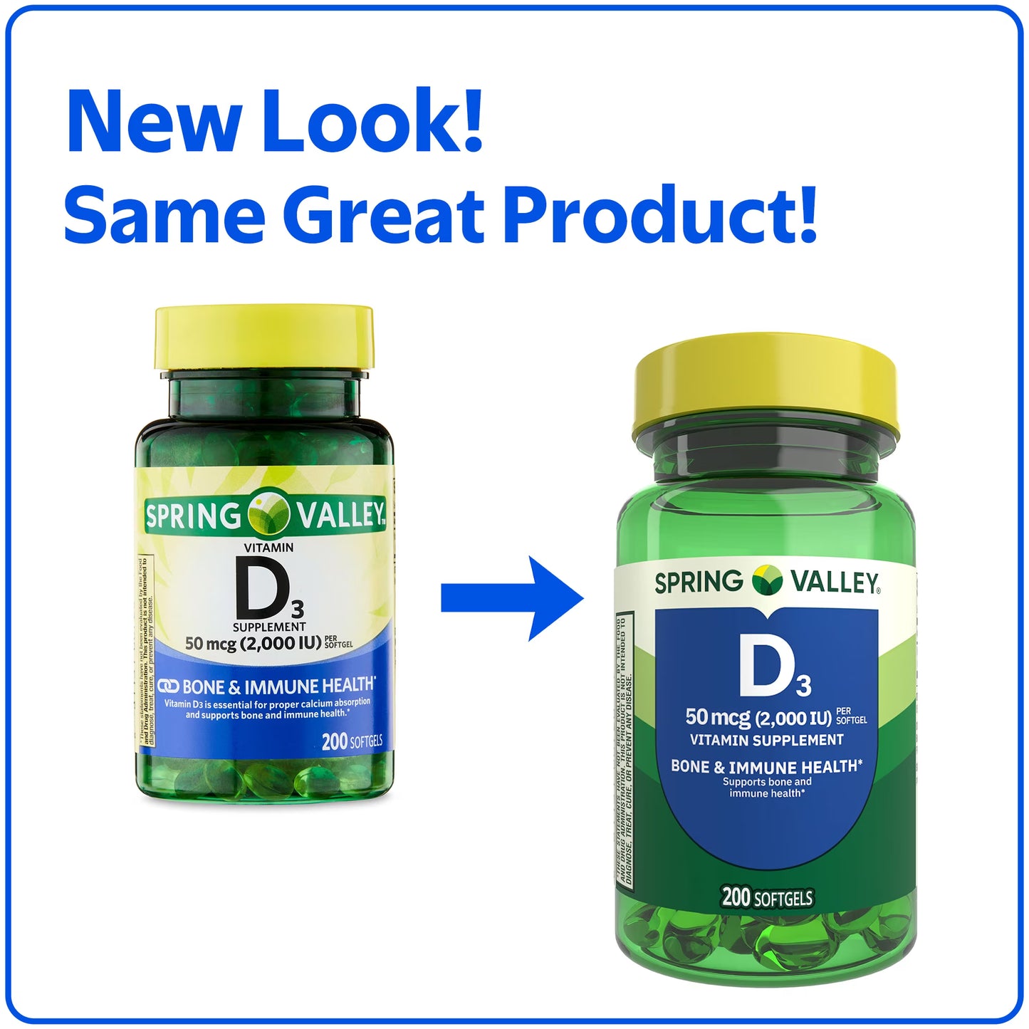 Spring Valley Vitamin D3 Softgels, 50 mcg (2,000 IU), 200 Count, Supplement for Bone and Immune Health