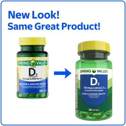 Spring Valley Vitamin D3 Softgels, 50 mcg (2,000 IU), 200 Count, Supplement for Bone and Immune Health