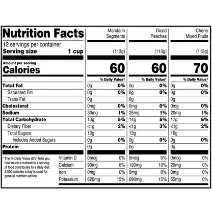 Great Value Diced Peaches, Mandarin Segments, & Cherry Mixed Fruits Variety Pack, 4 oz, 12 Pack