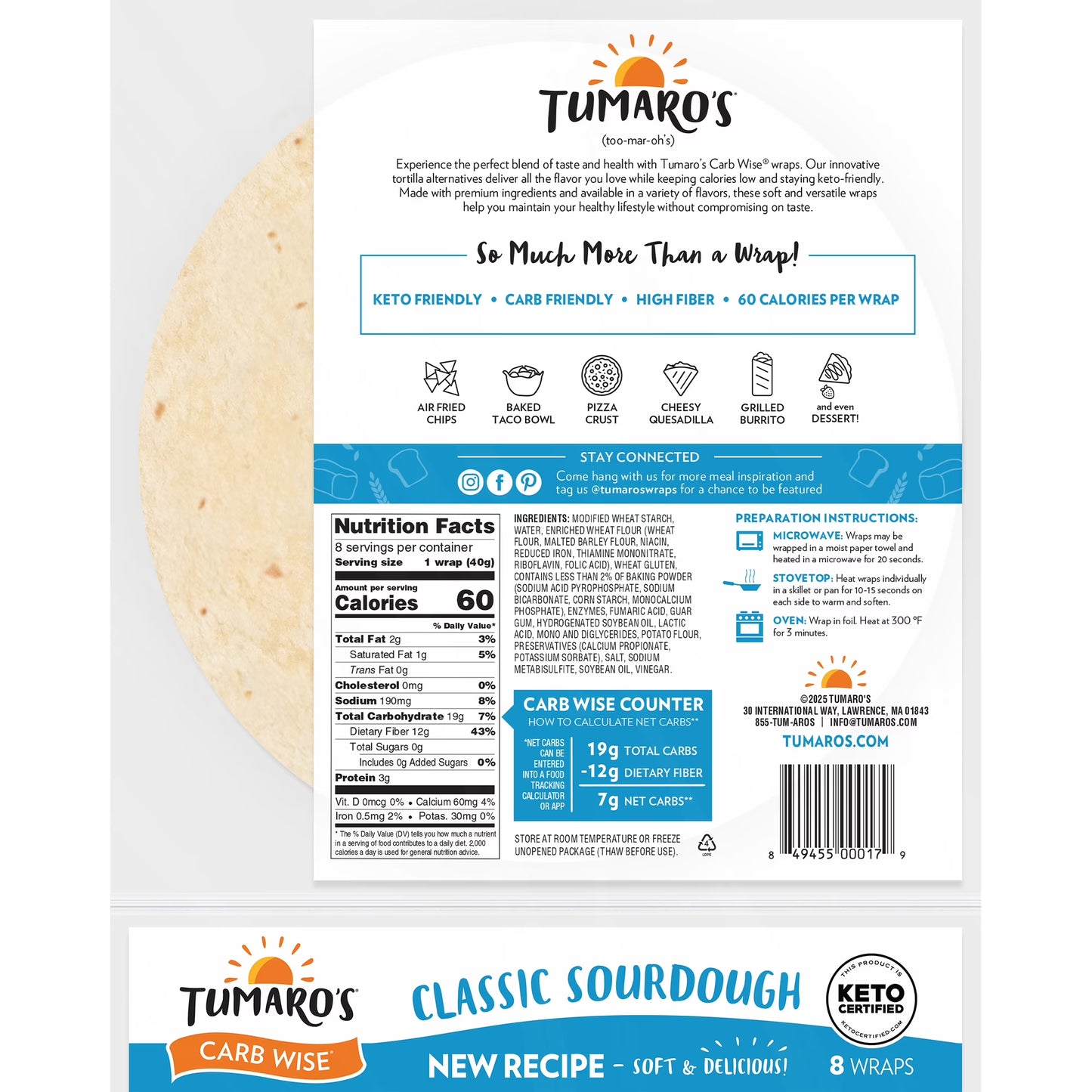 Tumaro's Classic Sourdough Carb Wise Wraps, 3 pack, 24 count