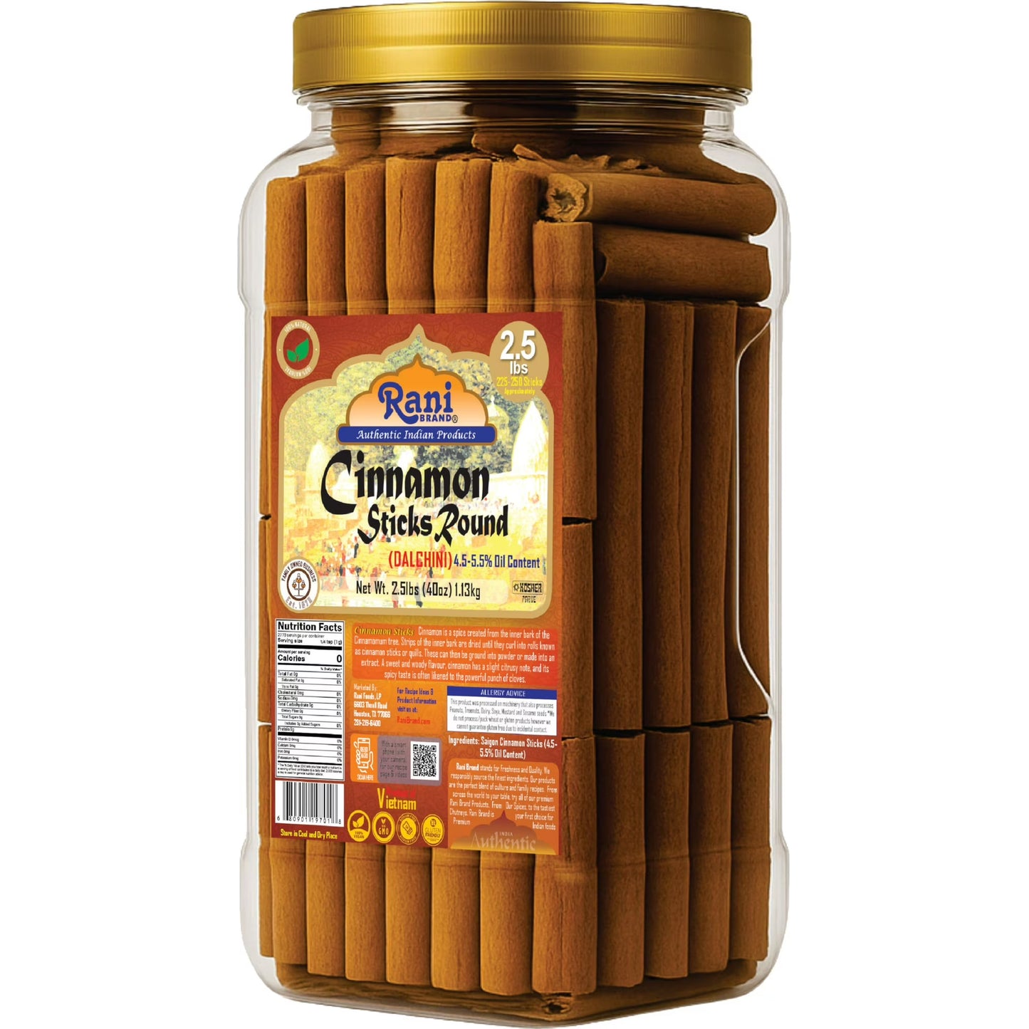 Rani Cinnamon Sticks 40oz (2.5lbs) 1.13kg Bulk PET Jar - 220 -250 Sticks - Strong Aroma, Perfect for Baking, Cooking & Beverages | 3+ Inches Length - Cassia Saigon Cinnamon from Vietnam | Kosher