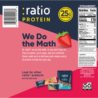 Ratio Yogurt Protein Cultured Dairy Snack, Strawberry, 25g Protein, 1 lb. 5.2 oz (4 Cups)
