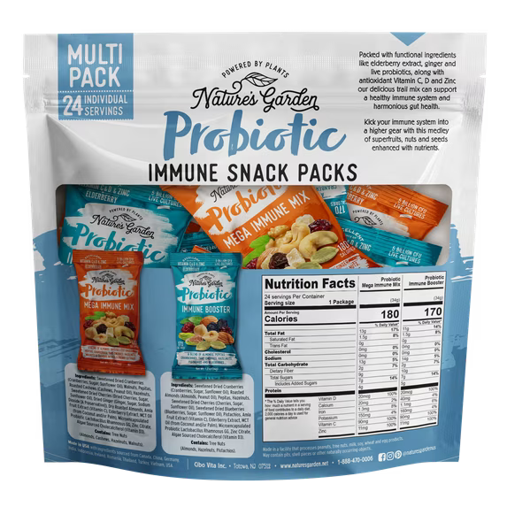 Nature's Garden Probiotic Immune Snack Packs 28.8oz (1.2oz x 24) - Pack of 4 - Plant-Based, Gluten-Free, Non-GMO, Convenient Healthy Snacks