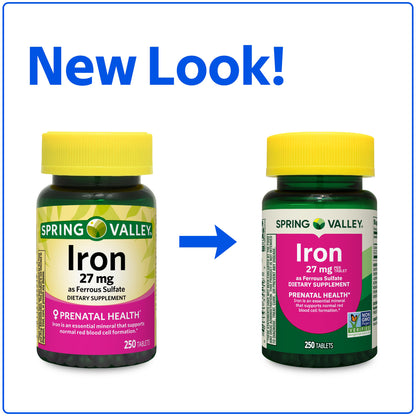 (3 pack) Spring Valley Iron Prenatal Health Dietary Supplement Tablets, 27 mg, 250 Count