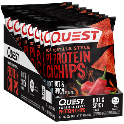 Quest Tortilla Style Protein Chips with 19g of Protein, Hot & Spicy Flavor, 1.1 Oz Bags, 8 Count