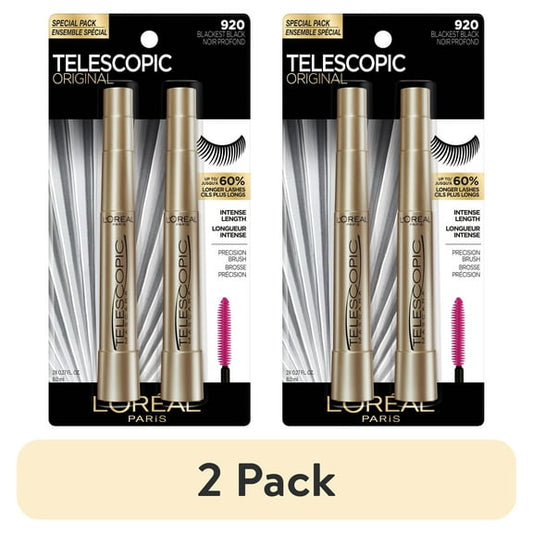 (2 pack) L'Oreal Paris Telescopic Original Washable Mascara, Blackest Black, 2 Pack