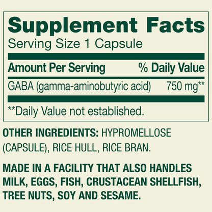Spring Valley GABA Dietary Supplement Vegetarian Capsules for Mood Health, 750 mg, 100 Count