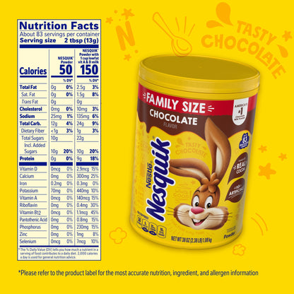 Nestle Nesquik Chocolate Flavor Powder Stir In Drink Mix Canister, 38 oz Canister, 83 Servings