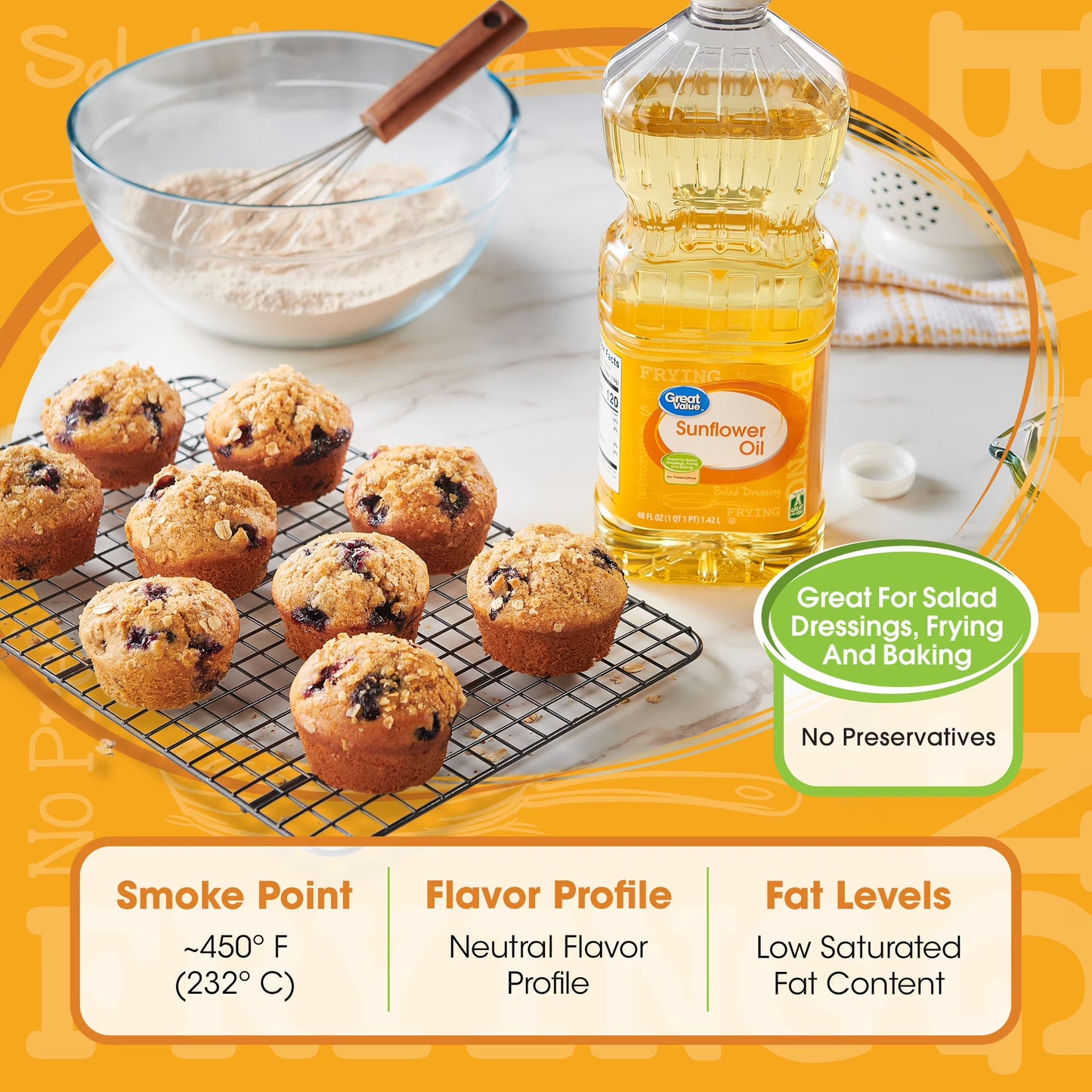 Great Value Sunflower Oil, Heart Healthy, High Smoke Point, 48 fl oz Bottle