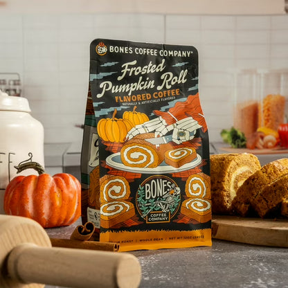 Bones Coffee Medium Roast Pumpkin Flavored Ground Coffee | 12 oz Frosted Pumpkin Roll Ground Coffee