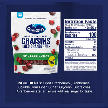 Ocean Spray Craisins, 50% Less Sugar Dried Cranberries, Dried Fruit, 20 oz Pouch