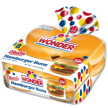 Wonder Bread Classic Extra Soft White Bread Hamburger Buns, 15 oz, 8 Ct, Shelf-Stable