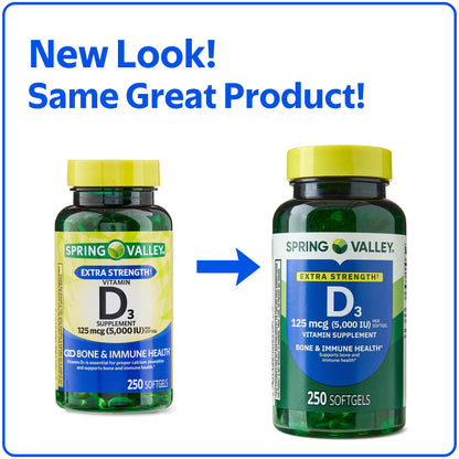 (3 pack) Spring Valley Extra Strength Vitamin D3 Softgels, 125 mcg (5000 IU), 250 Count, Supplement for Bone and Immune Health