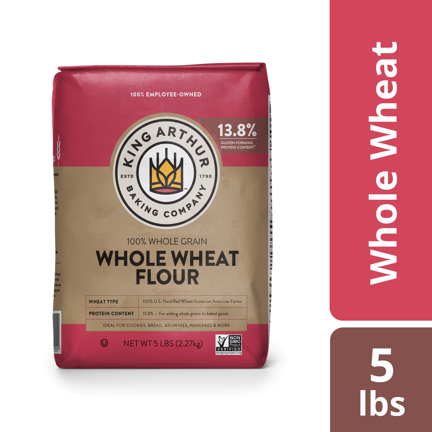 (8 pack) King Arthur Baking Company Non-GMO Project Verified, Certified Kosher 100% Whole Grain Whole Wheat Flour, 5 lb Bag