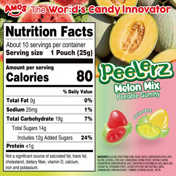 Amos Peelerz Gummy Candy Melon Mix, Natural Flavor Peelable Gummy Candy, 8.47oz (1Pack)