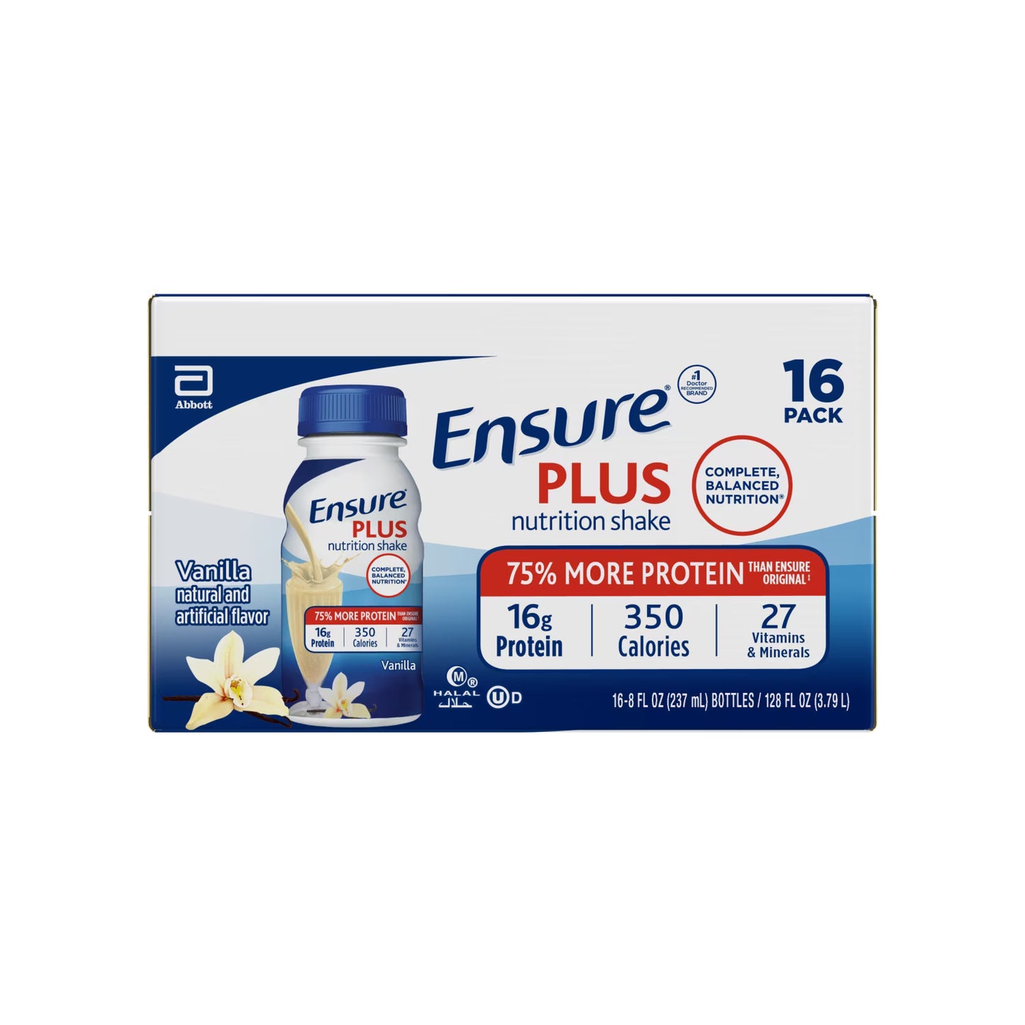 Ensure Plus Meal Replacement Nutrition Shake, Vanilla, 16g Protein, 8 fl oz - 16 Pack
