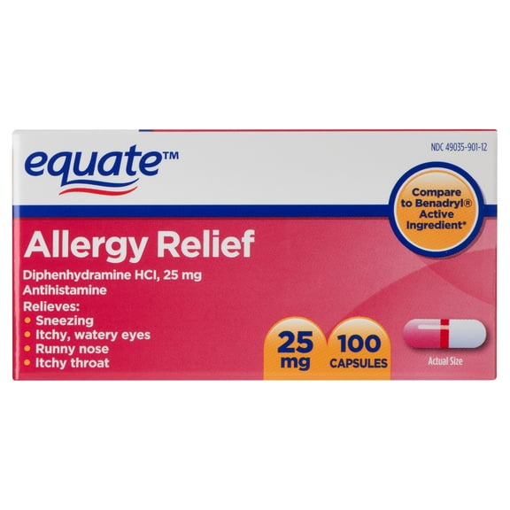 Equate Formaldehyde-Free Diphenhydramine HCl 25mg Allergy Capsules, 100 Count