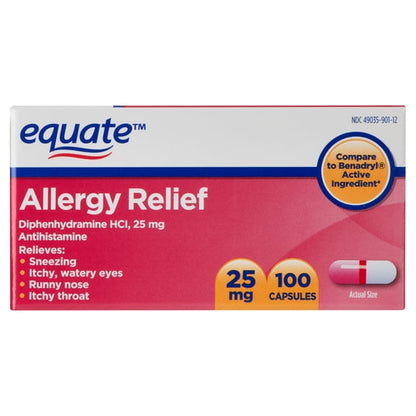 Equate Formaldehyde-Free Diphenhydramine HCl 25mg Allergy Capsules, 100 Count