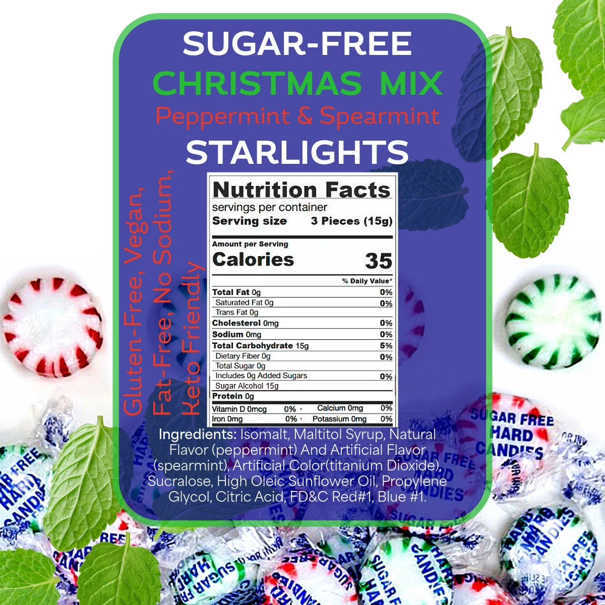 SweetGourmet Sugar-Free Christmas Starlights, Spearmint Peppermint Arcor Hard Candy, 1 Pound