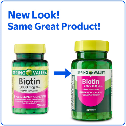 (3 pack) Spring Valley Biotin Hair/Skin/Nails Health Dietary Supplement Softgels, 5,000 mcg, 120 Count