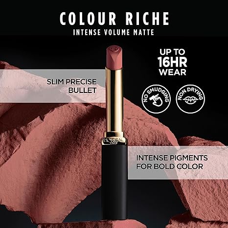 L'Oreal Paris Colour Riche Intense Volume Matte Lipstick, Lip Makeup Infused with Hyaluronic Acid for up to 16HR Wear, Le Nude Assertive, 0.06 Oz