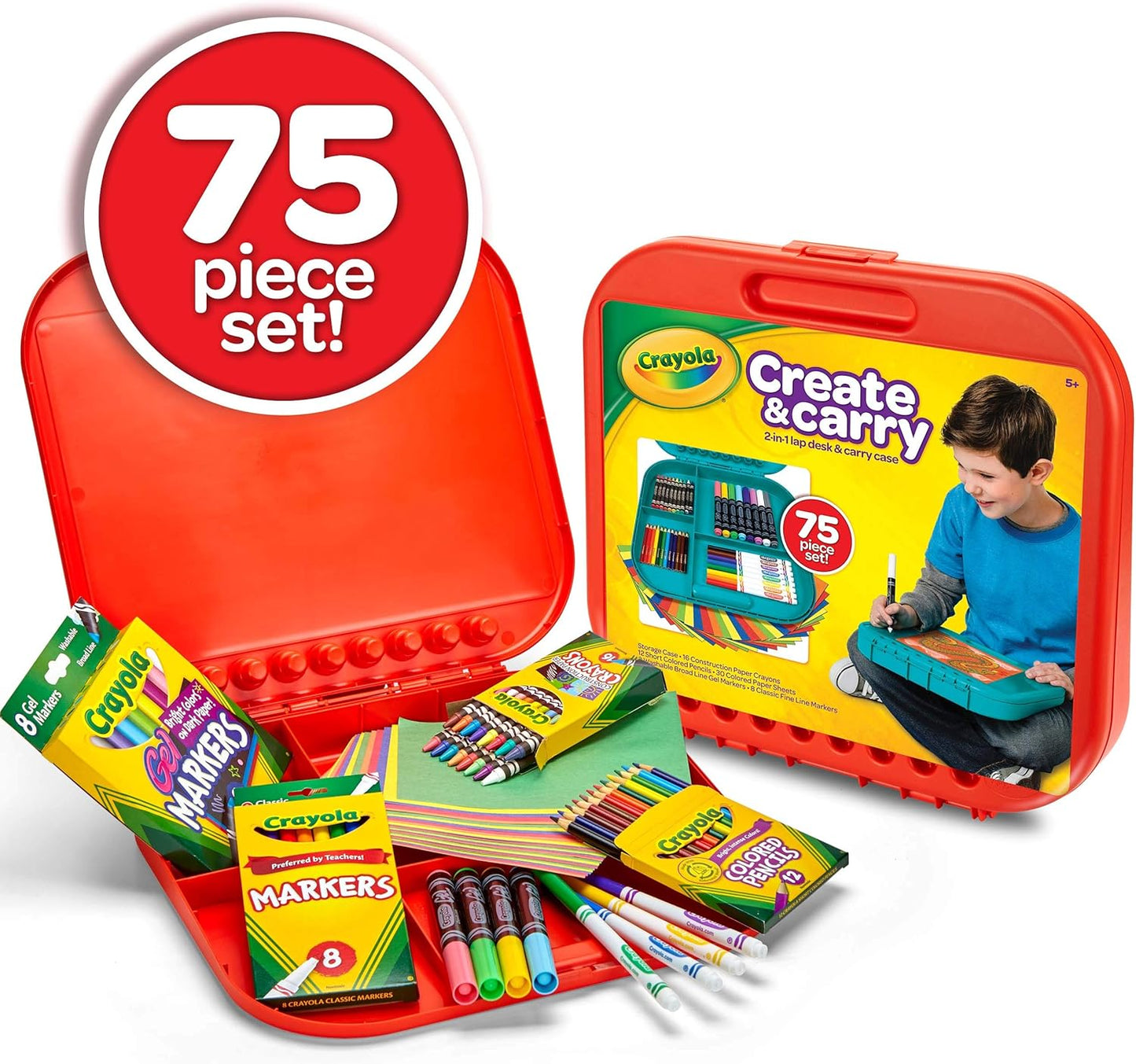 Crayola Create 'N Carry Travel Art Set for Kids (75pcs), 2-in-1 Lap Desk & Carrying Case, Essential Art Supplies Kit, Spring Crafting, Gift for Kids