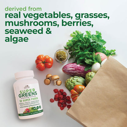 Country Farms Super Greens Vegicaps, 32 Super Foods, Whole Food Supplement, Greens, Fruit, Vegetables, Mushrooms & Probiotics, Rich in Antioxidants & Phytonutrients, 60 Count, 30 Servings