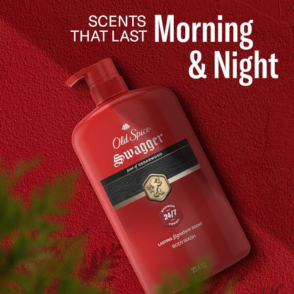 Old Spice Body Wash for Men, 24/7 Shower Fresh with Long Lasting Scent, Refreshing 3X Defense, Red Collection, Swagger with Cedarwood Scent, 33.4 oz (Pack of 4)