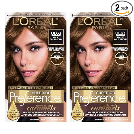 L'Oreal Paris Superior Preference Fade-Defying + Shine Permanent Hair Color, U163 Hi-Lift Golden Brown, Pack of 2, Hair Dye