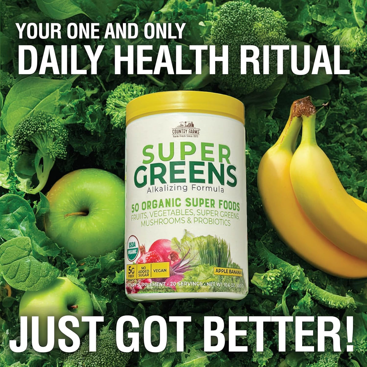 Country Farms Organic Super Greens Powder, Daily Greens Drink Mix with 50 Organic Superfoods, Fruits, Vegetables, Fiber, Mushrooms & Probiotics for Gut Health, Digestion & Energy, Banana Flavor