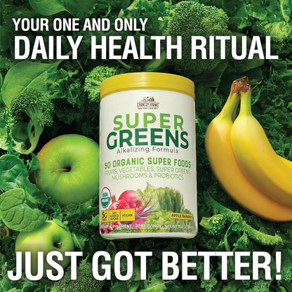 Country Farms Organic Super Greens Powder, Daily Greens Drink Mix with 50 Organic Superfoods, Fruits, Vegetables, Fiber, Mushrooms & Probiotics for Gut Health, Digestion & Energy, Banana Flavor