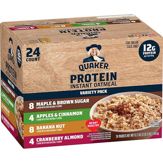 Quaker Instant Oatmeal, Protein 4 Flavor Variety Pack, 7g+, Individual Packets, 24 Count