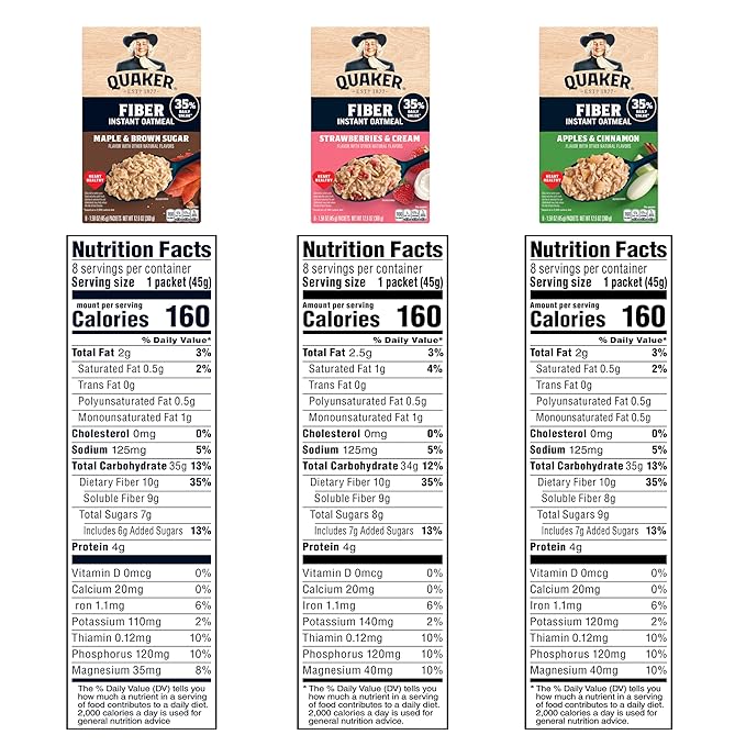 Quaker Instant Oatmeal, Fiber Boost, 3 Flavor Variety pack, 32 Count