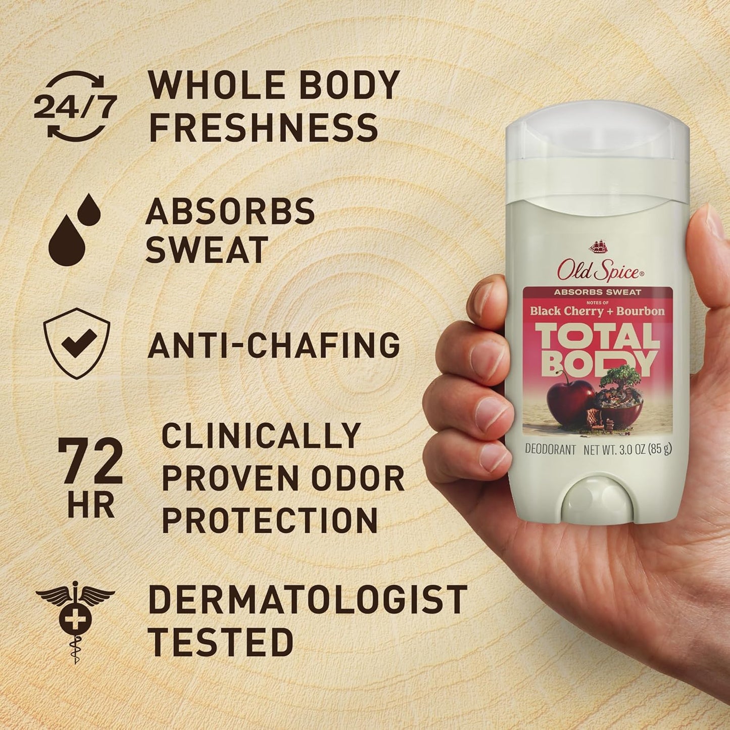 Old Spice Whole Body Deodorant Stick for Men, Aluminum Free, Black Cherry + Bourbon Scent, 24/7 Odor Protection, 24/7 Freshness, Dermatologist Tested, Gentle on Skin, Safe to Use All Over, 3.0 oz